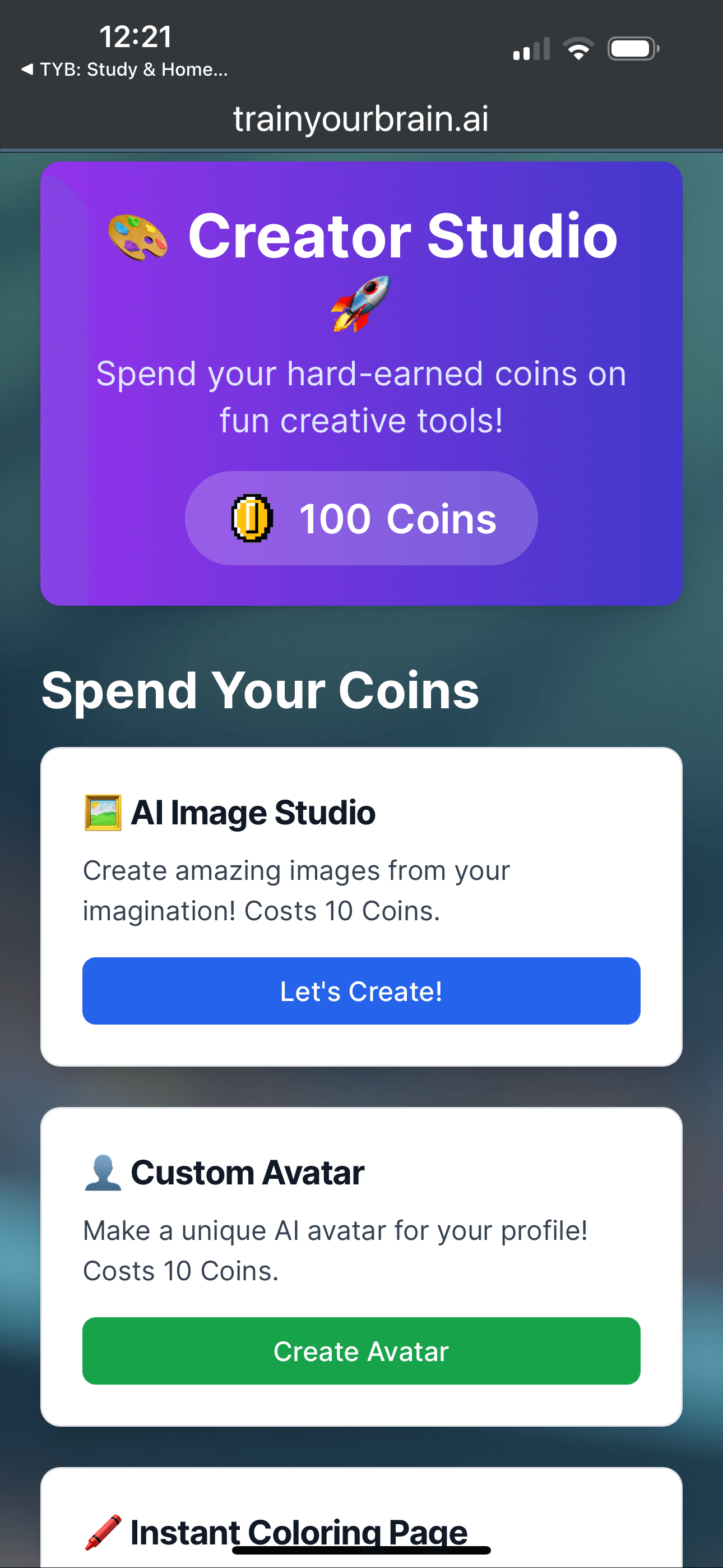 TYB rewards and creator studio view