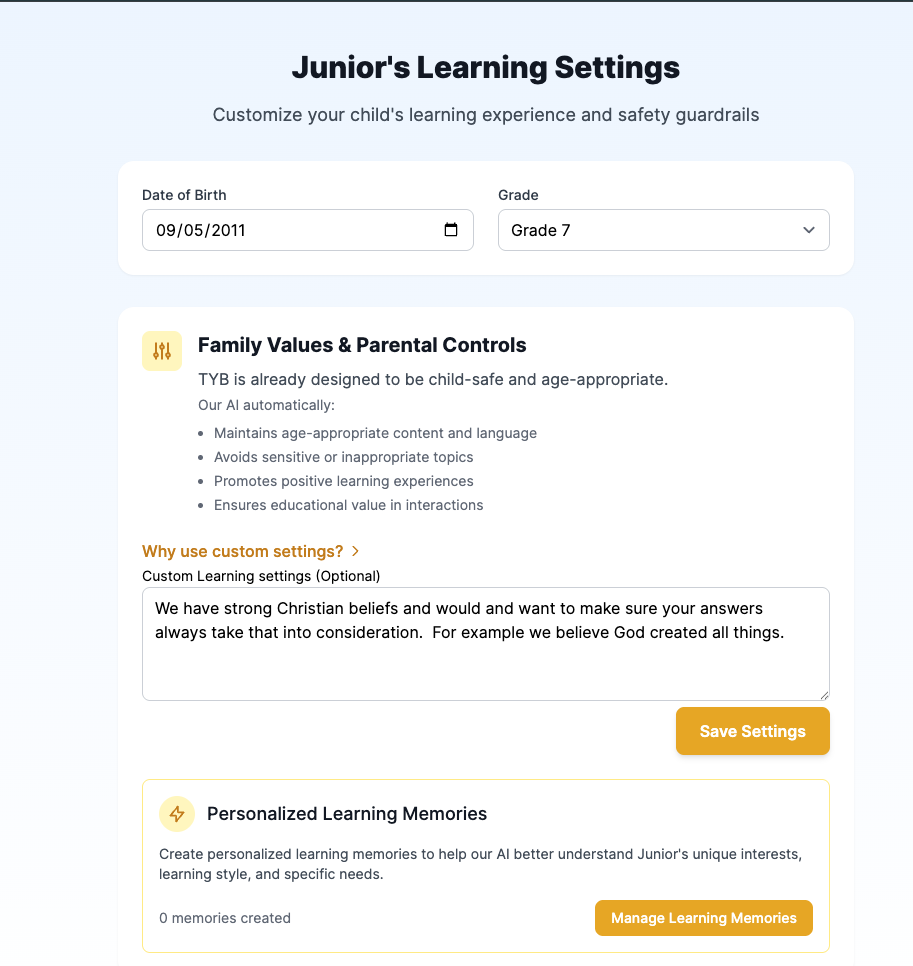 Parent customizing AI tutor settings for their child