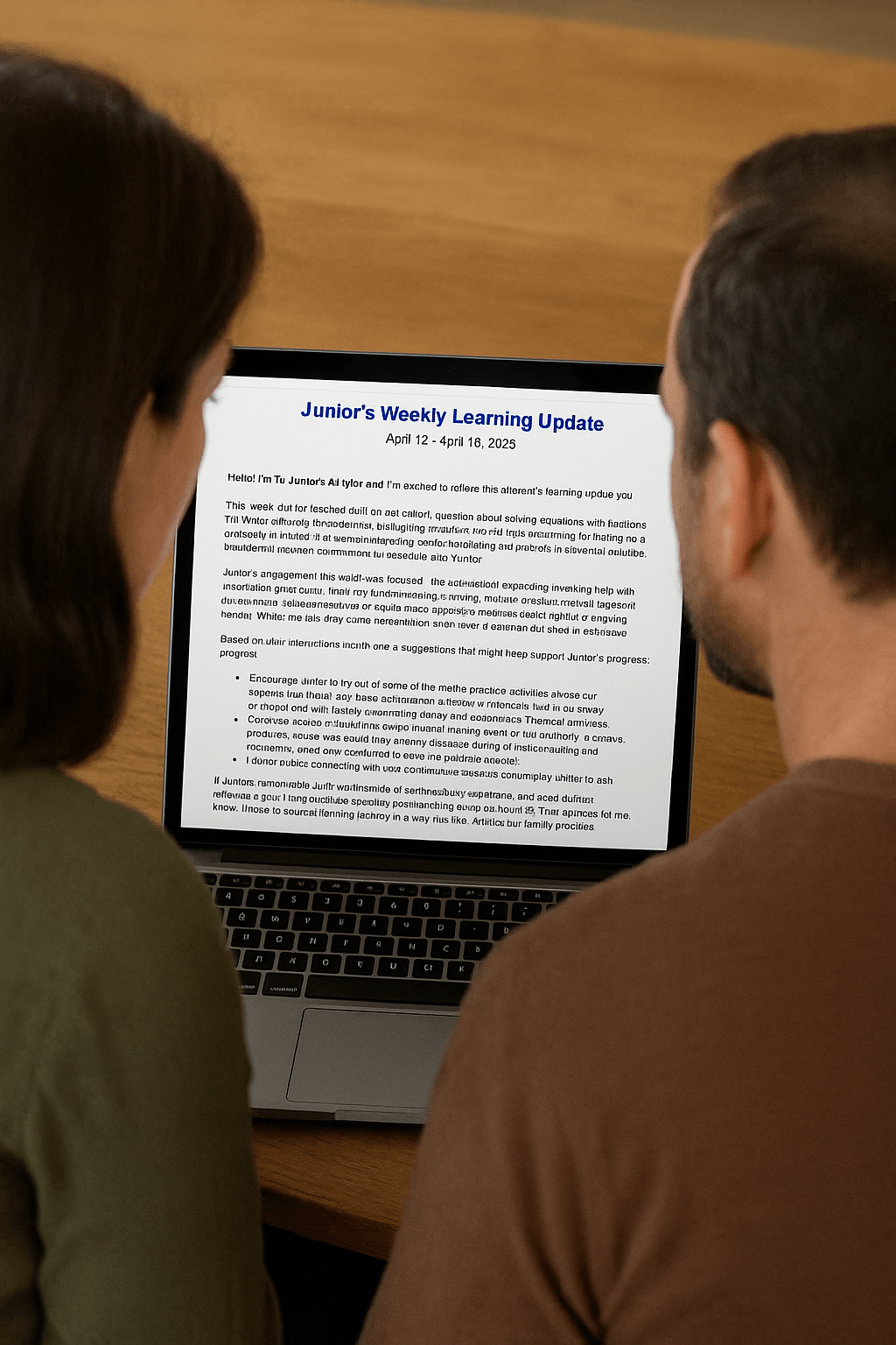 Parents reading weekly learning report email on laptop