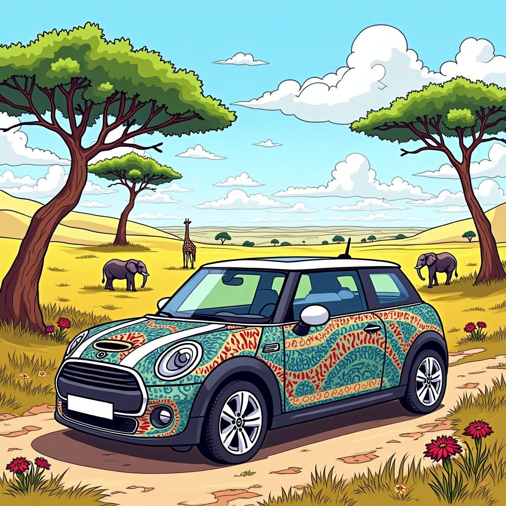 Coloring Page: Mini Cooper in Vibrant African Landscape