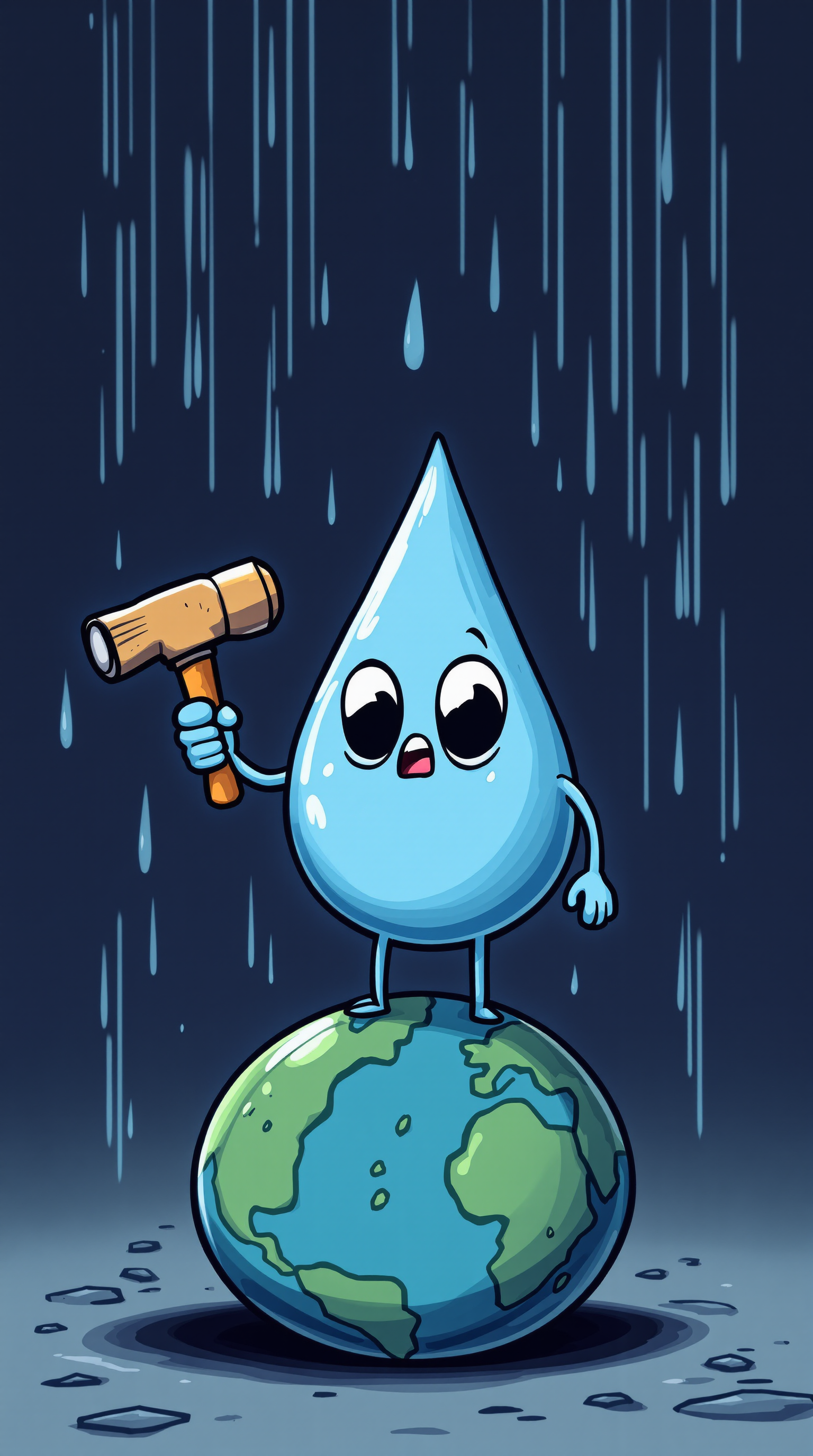 Creative Cartoon of a Raindrop with a Jackhammer on Earth