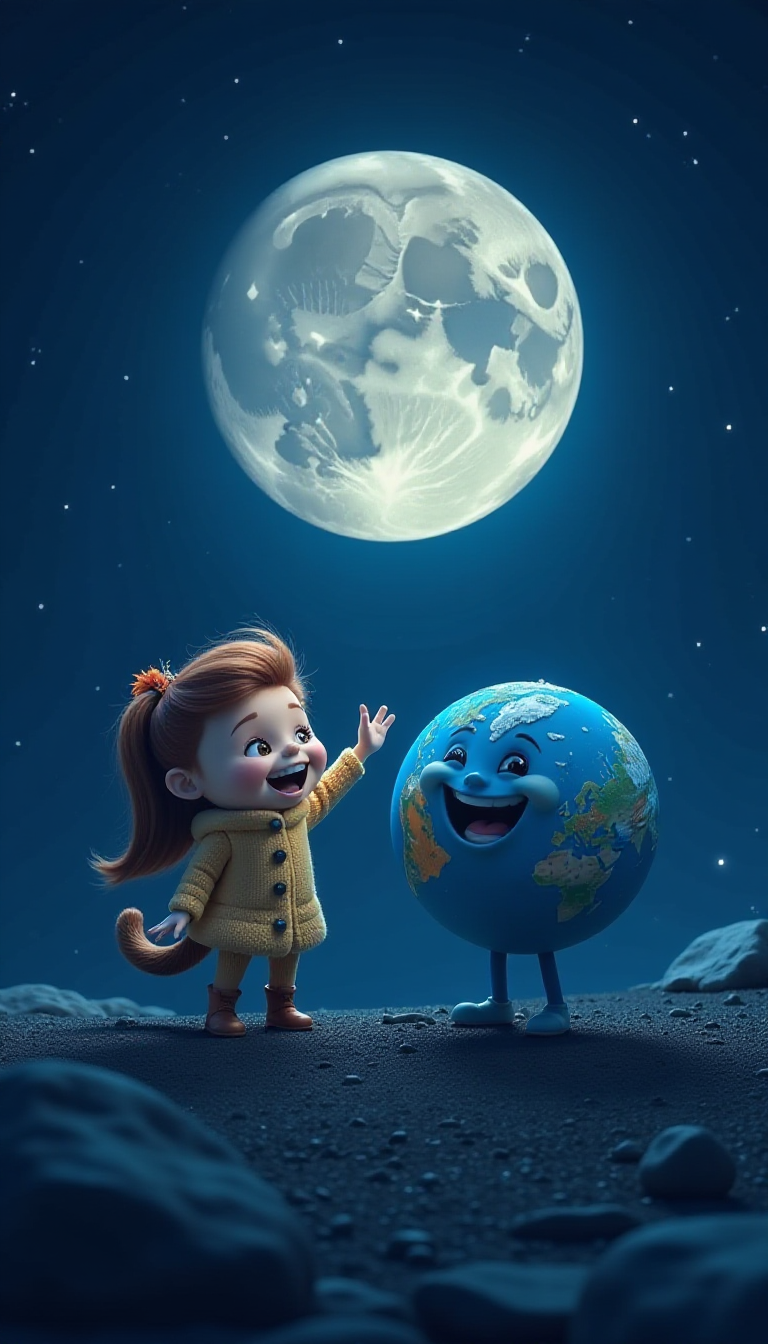 Explore the Night Sky: Moon and Earth in a Playful Scene