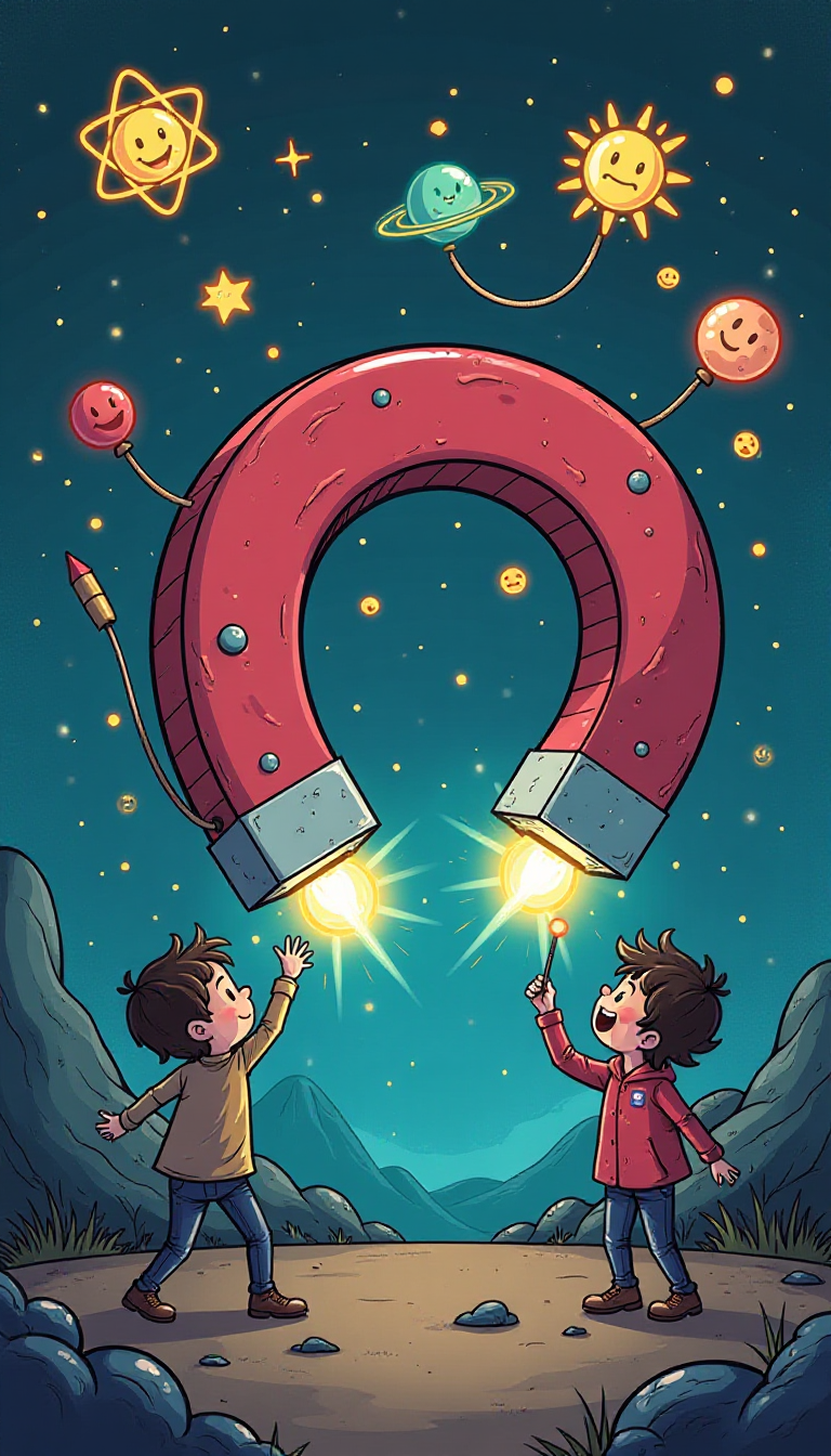 Whimsical Cartoon Magnet Attracting Scientific Symbols for Kids