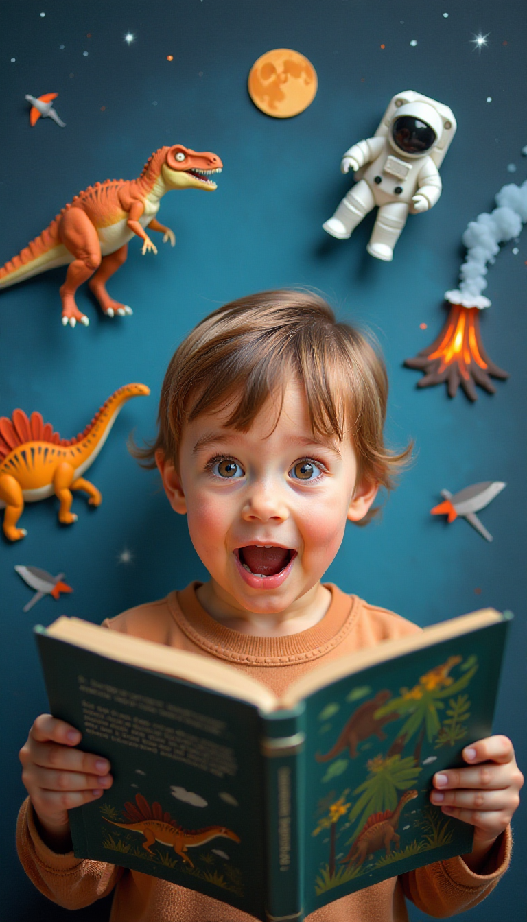 Exciting AI Image of a Child's Passion for Learning Dinosaurs & Space