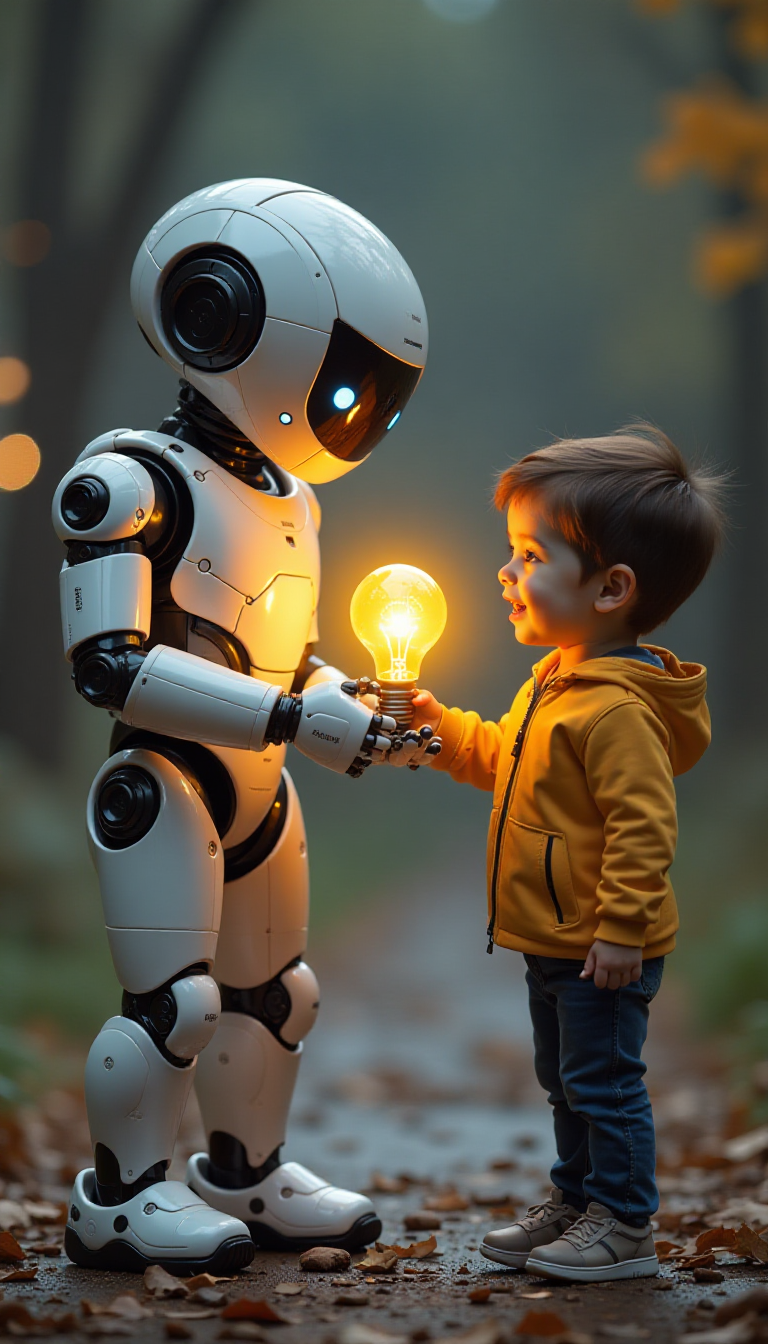 Exciting Learning Moment: Kid Receives Light Bulb from Friendly Robot