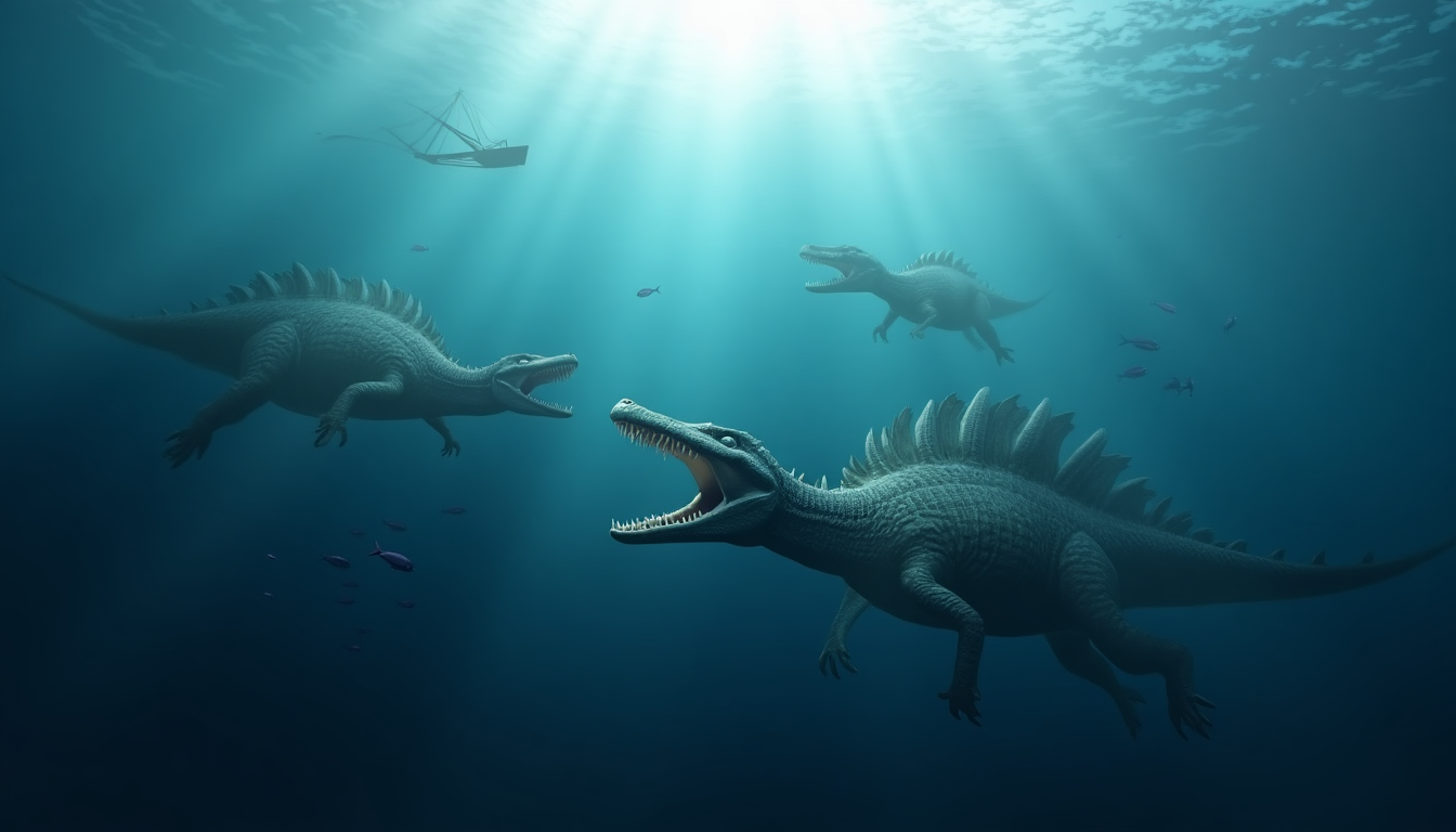 Explore Underwater Wonders: Spinosaurus and Mosasaur Scene