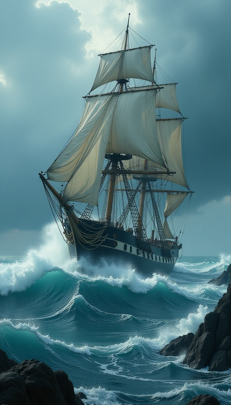 Inspiring AI Art: Old Sailing Ship in Stormy Sea Scene
