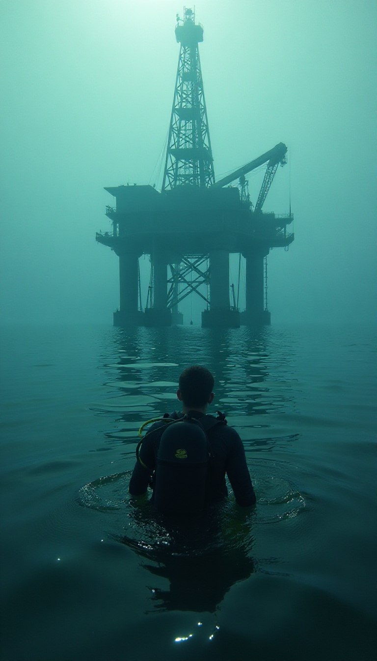 Explore the Depths: Diver Under Oil Rig - Educational AI Art