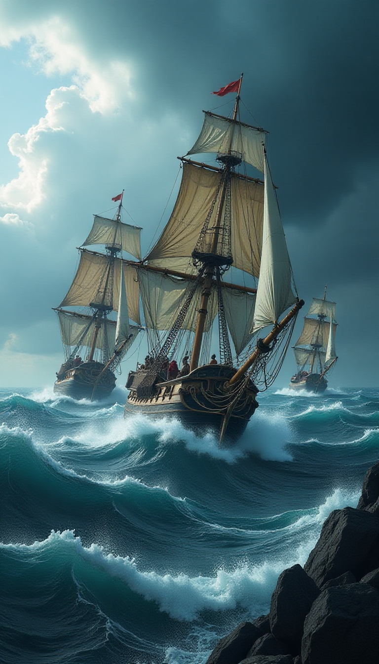 Epic Battle of Spanish Galleons: Nature's Fury Unleashed