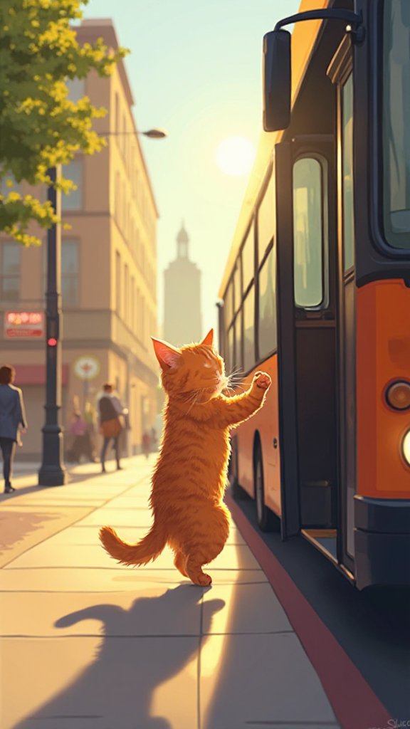When the bus reaches his stop, the cat stands up. He waits by the doors, patient and sure. The doors open with a soft...