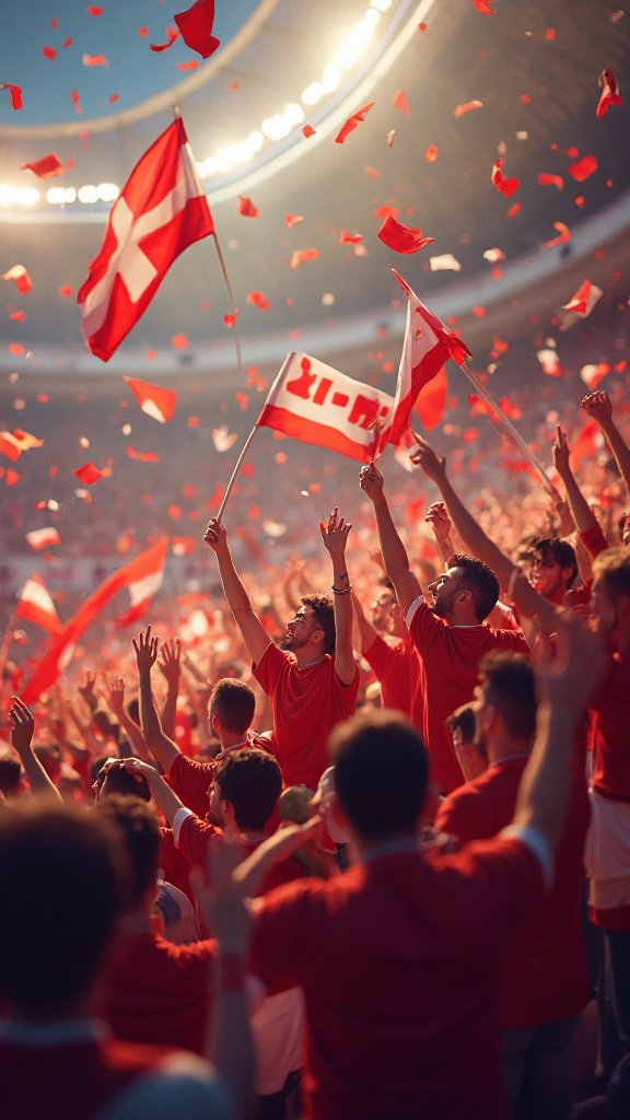 Supportrarna var mycket glada och väldigt högljudda. Många människor viftade med röda och vita flaggor och sjöng till...