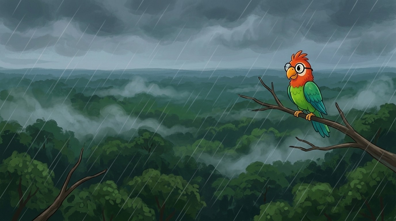 In the evening, the forest made mist. The mist became clouds. The forest makes its own rain. Polly sat on a high bran...