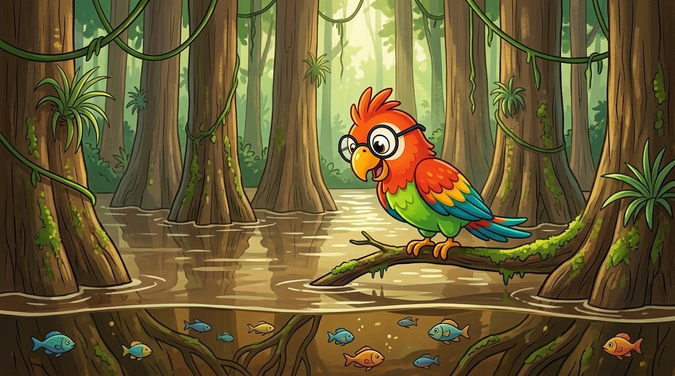 By the forest, the trees stood in the water. In the wet season the river floods the trees. Fish swim between them. So...