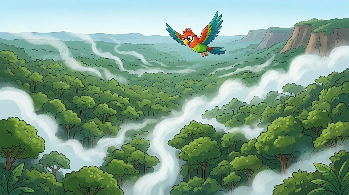 From high up, she saw what the forest did. The mist was water from the leaves. It went up into the sky. Then it moved...