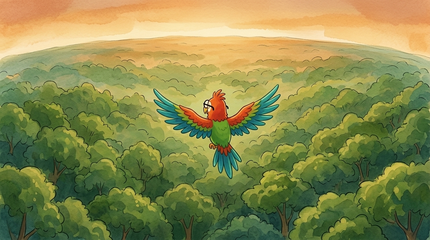 Polly flew east, toward the sea. The canopy became one soft green skin. Behind her, the Amazon kept making its own ra...