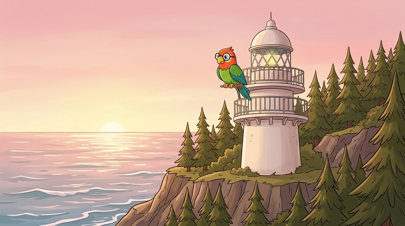 A small white lighthouse stood high on the cliff. For a long time it has watched over the sea.