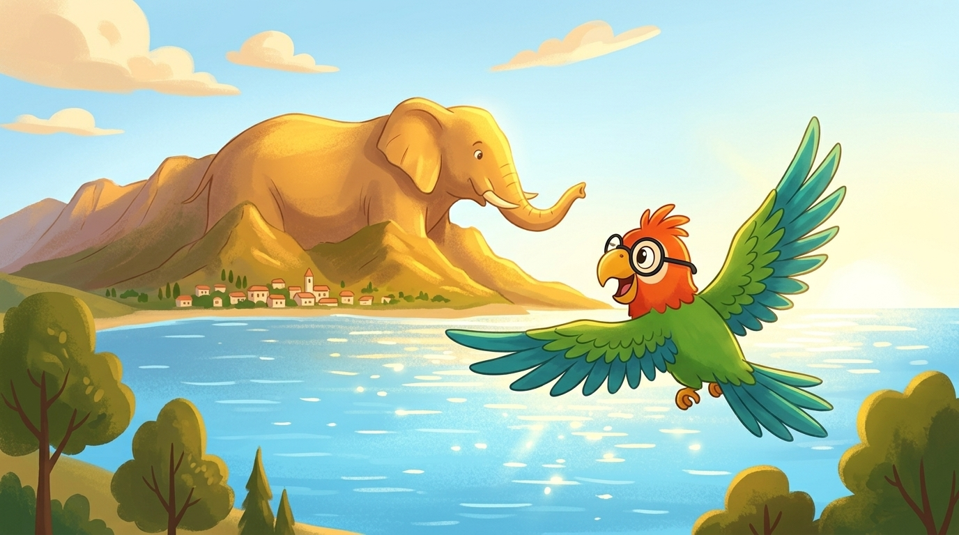 Polly said goodbye to the elephant mountain. She rose on the warm wind and flew out over the bright sea.