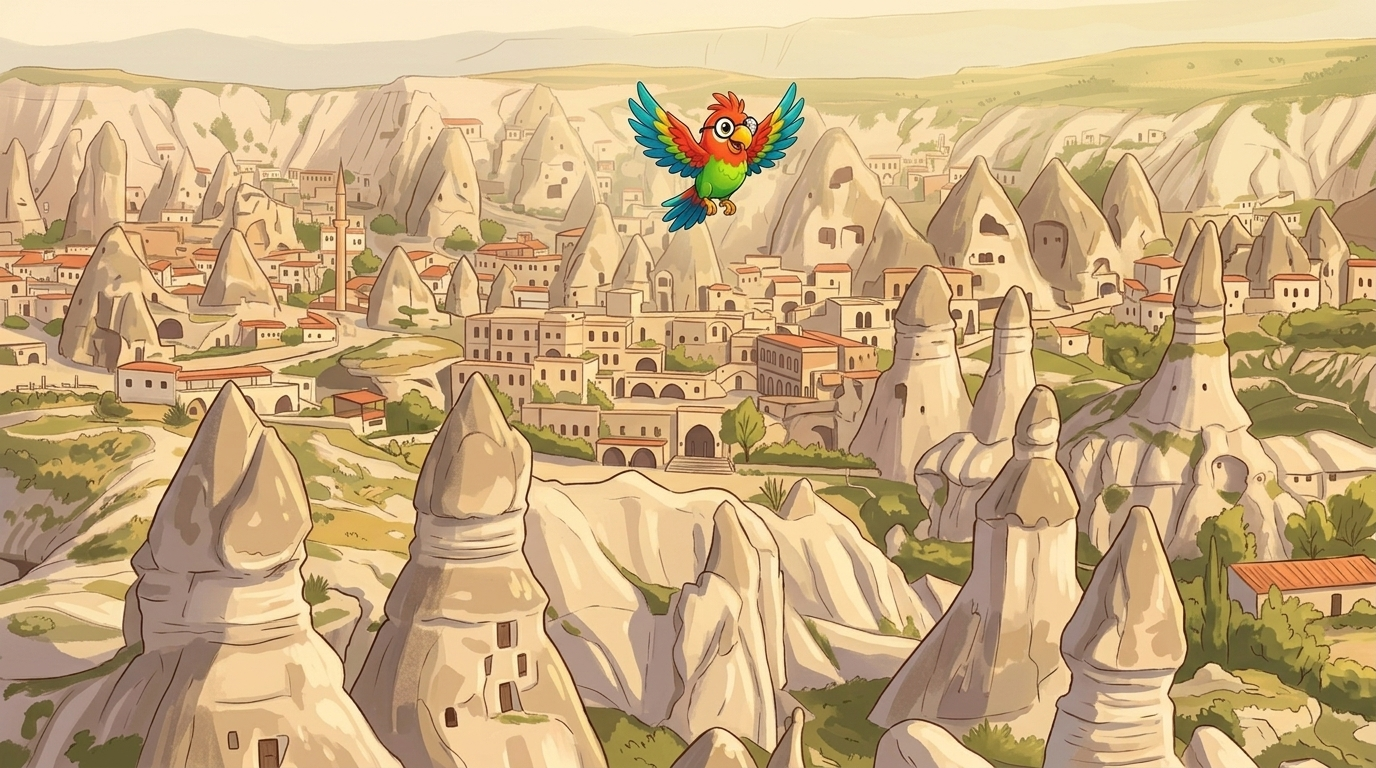 Below her stood towers of pale stone. They looked like tall chimneys made by giants. But their doors and windows were...