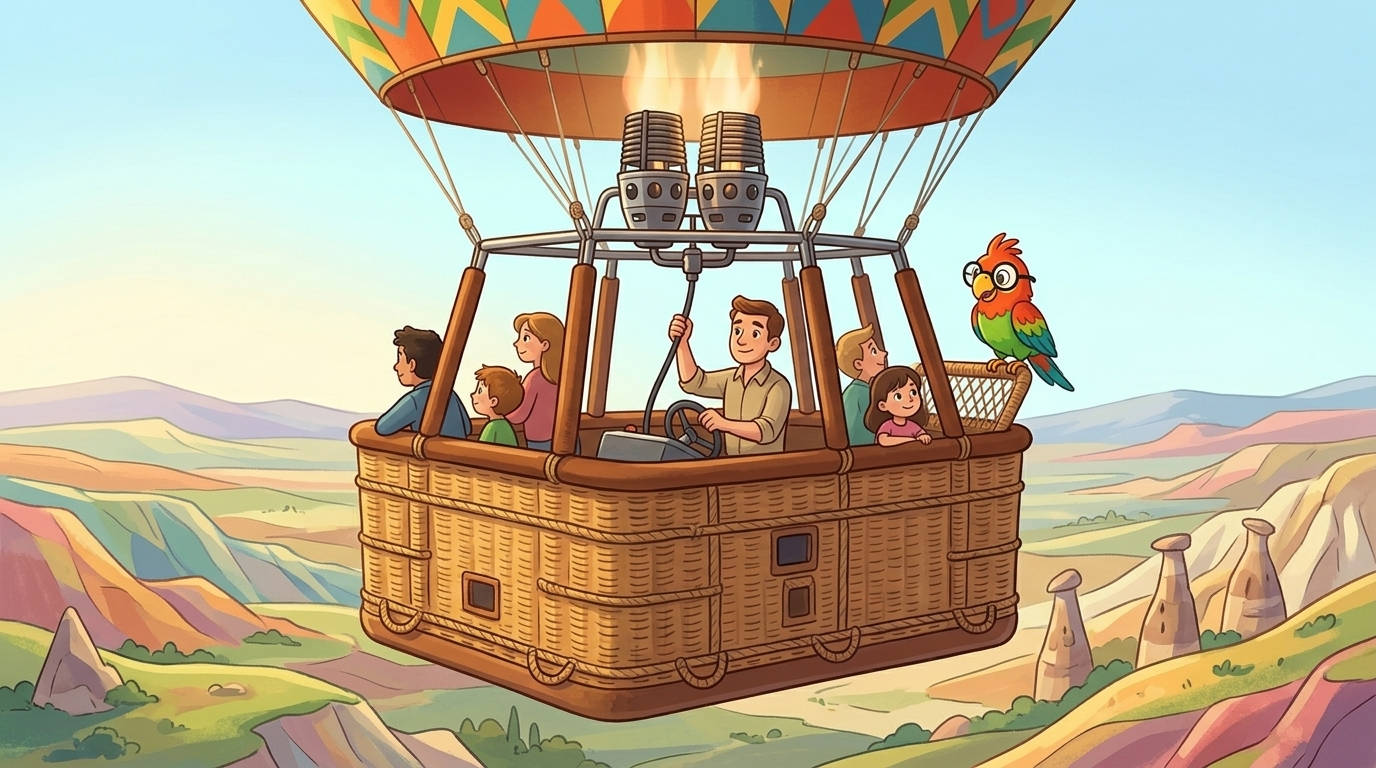 Polly landed on the edge of a big basket, high in the air. Inside stood a pilot and his happy passengers. The pilot s...