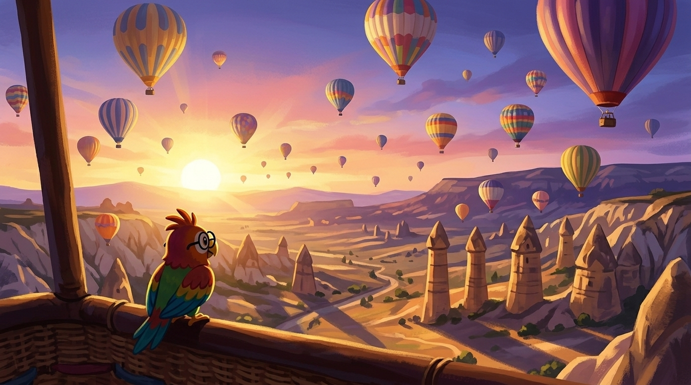 The sun came up over the far hills. Every balloon turned gold, and the stone towers glowed like honey. Polly looked a...
