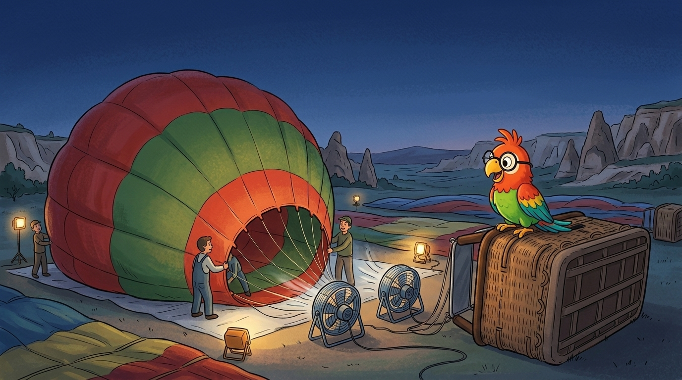 Polly stood on a basket and watched. The crew pulled the balloon out of its bag. It lay flat on the ground, like a gi...