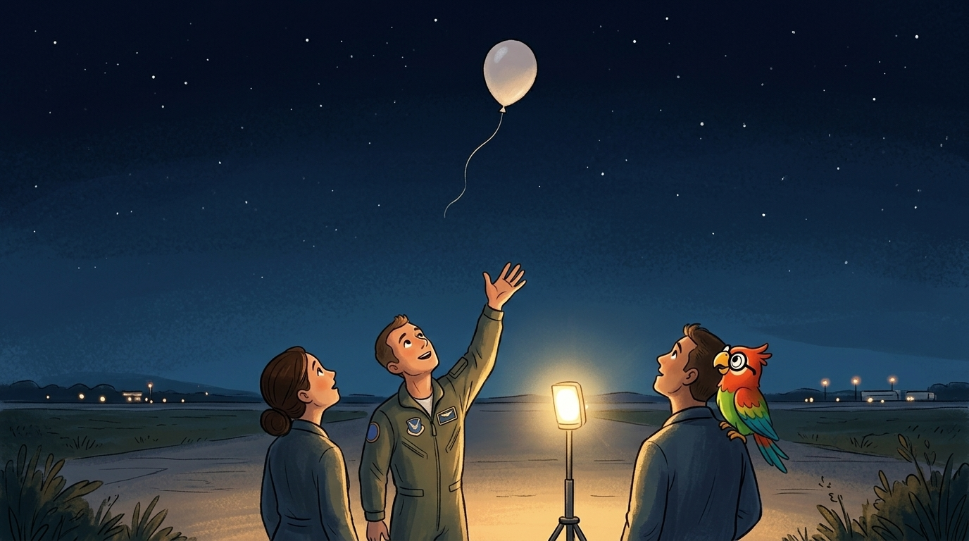 The pilot held a small helium balloon on a string. He let it go, and everyone watched it climb into the dark. "The li...