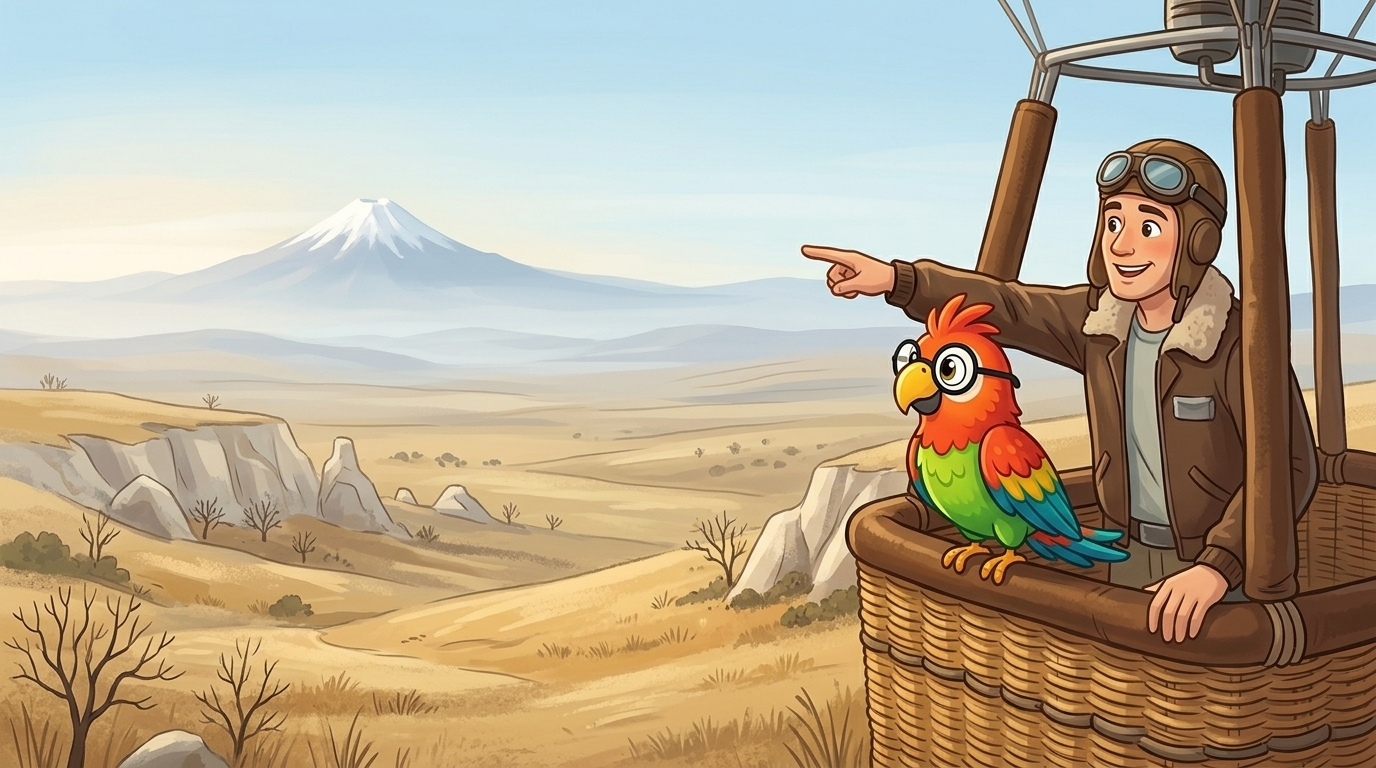 The pilot pointed at the far horizon, where a white mountain stood in the morning light. "Long, long ago, that mounta...