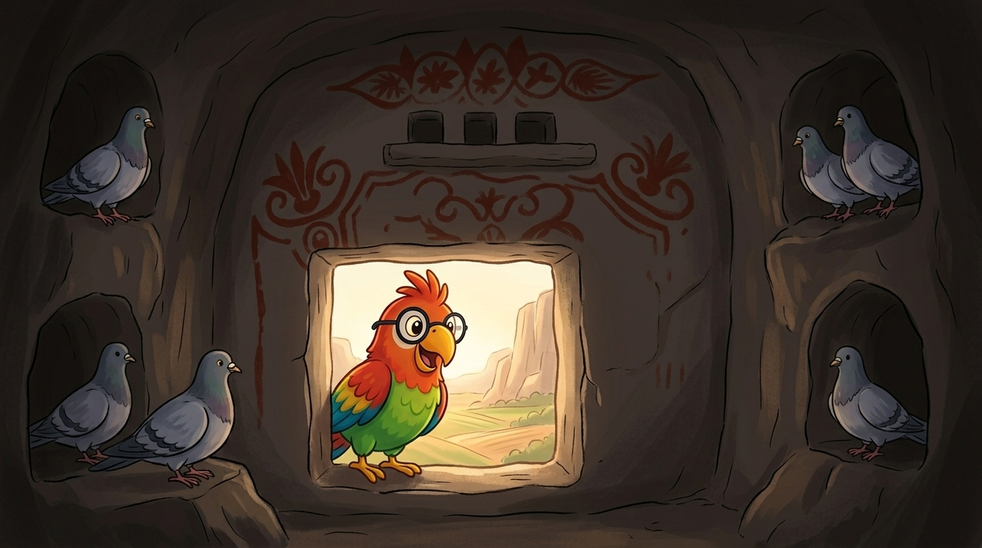 Polly flew from the basket to the valley wall. She stepped inside one little pigeon room and looked out. Grey pigeons...