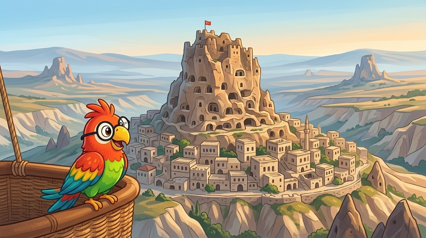 Then they climbed again, high above the land. Far away, a village stood around one huge rock full of carved rooms. "U...
