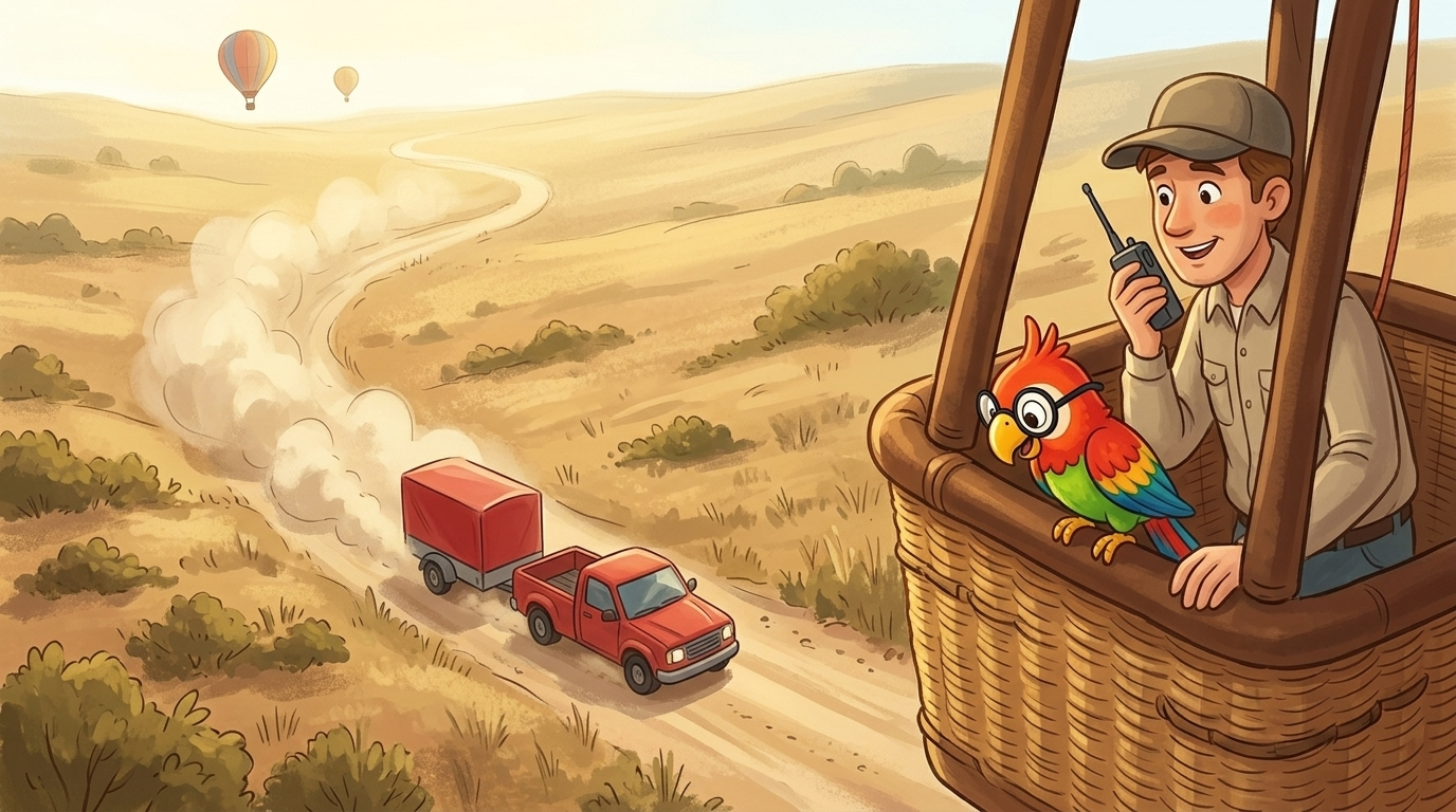 Under every balloon, a chase truck followed on the dusty roads. The pilot spoke on the radio, and the crew below answ...
