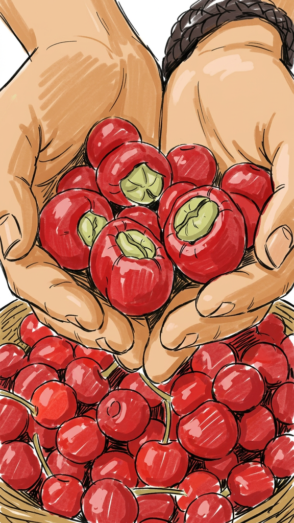 The plant grows small fruits called cherries. The cherries start green and slowly turn bright red. Inside each red ch...
