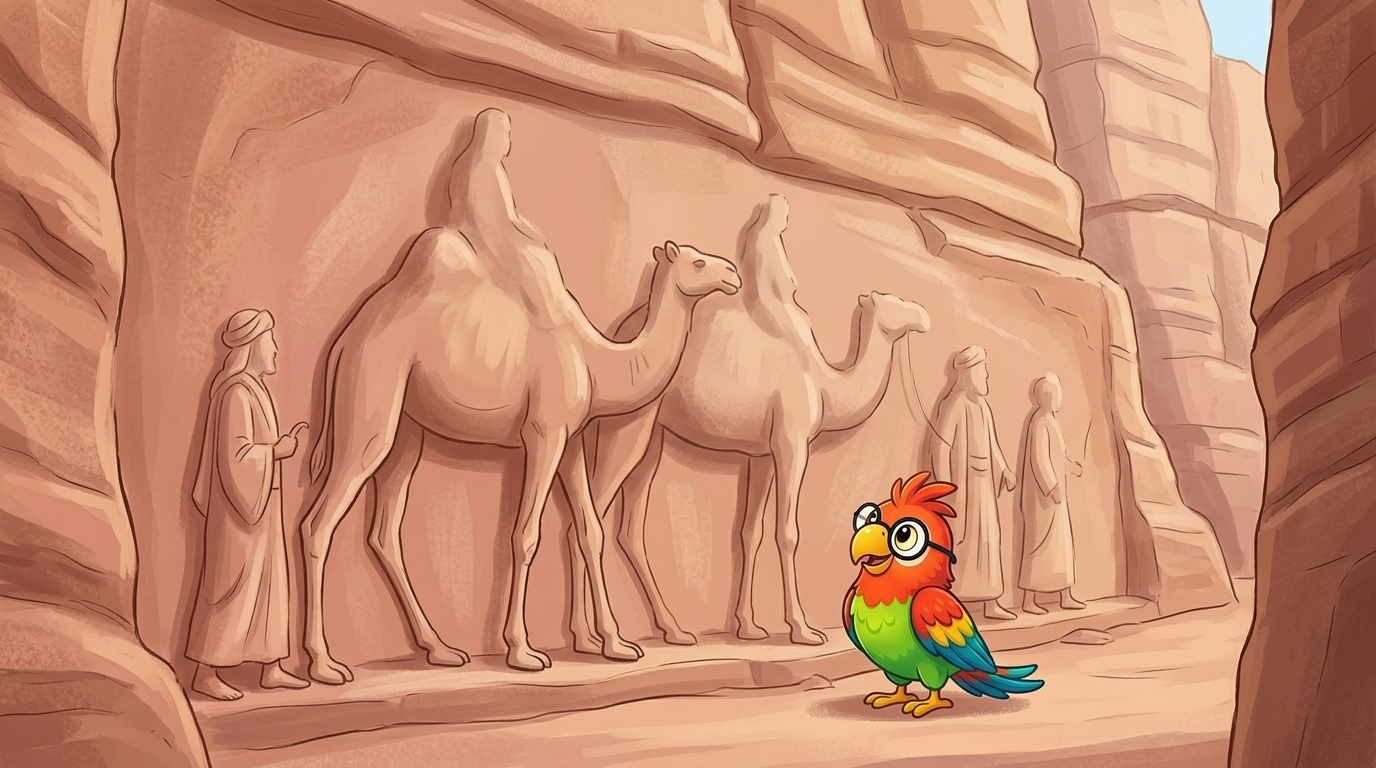Camels, carved into the wall, as large as real camels. Beside them walked carved men, the merchants of long ago. Wind...