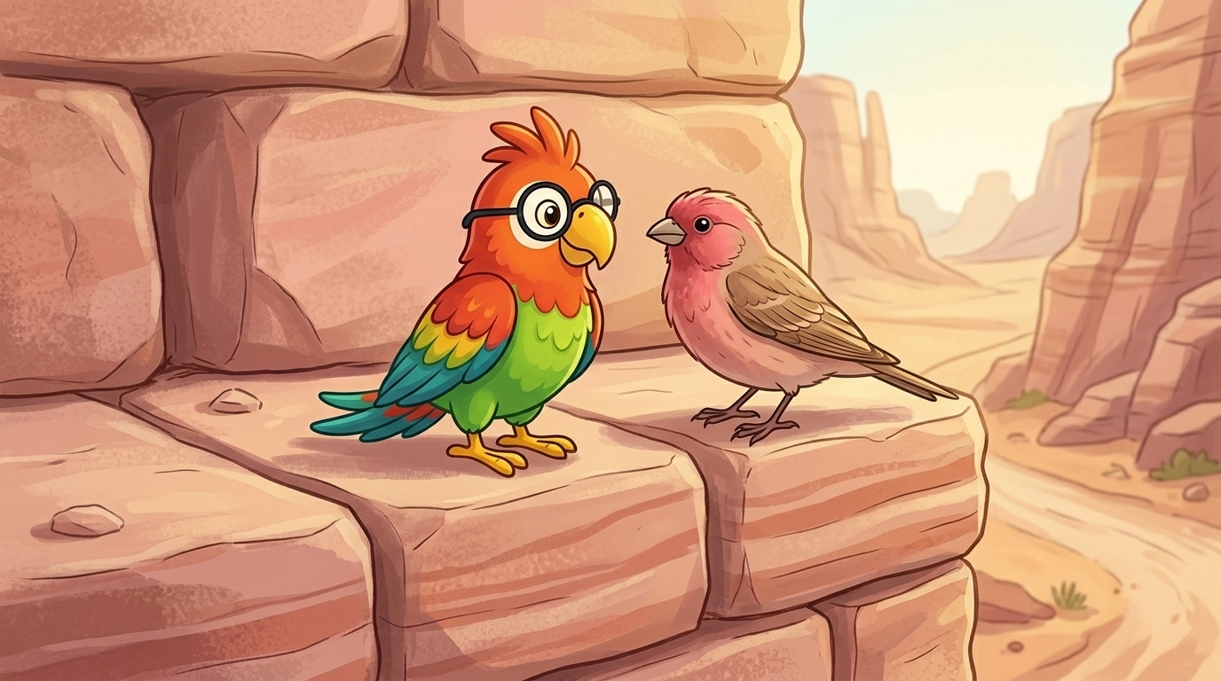 A small pink bird landed beside her. It was a rosefinch, and its feathers were exactly the colour of the rock. The tw...