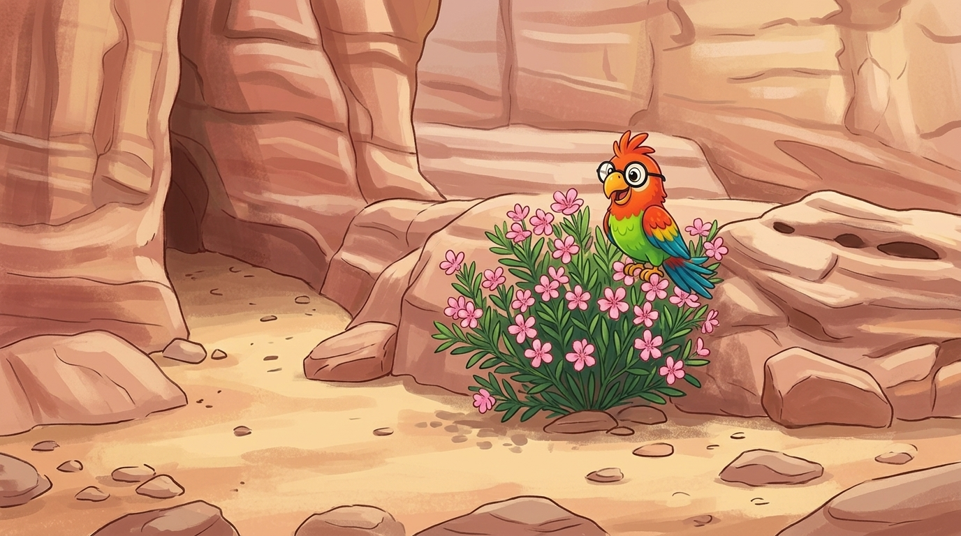 Where the water once ran, life still grows. Polly found a green oleander bush in a bend of the canyon, full of pink f...
