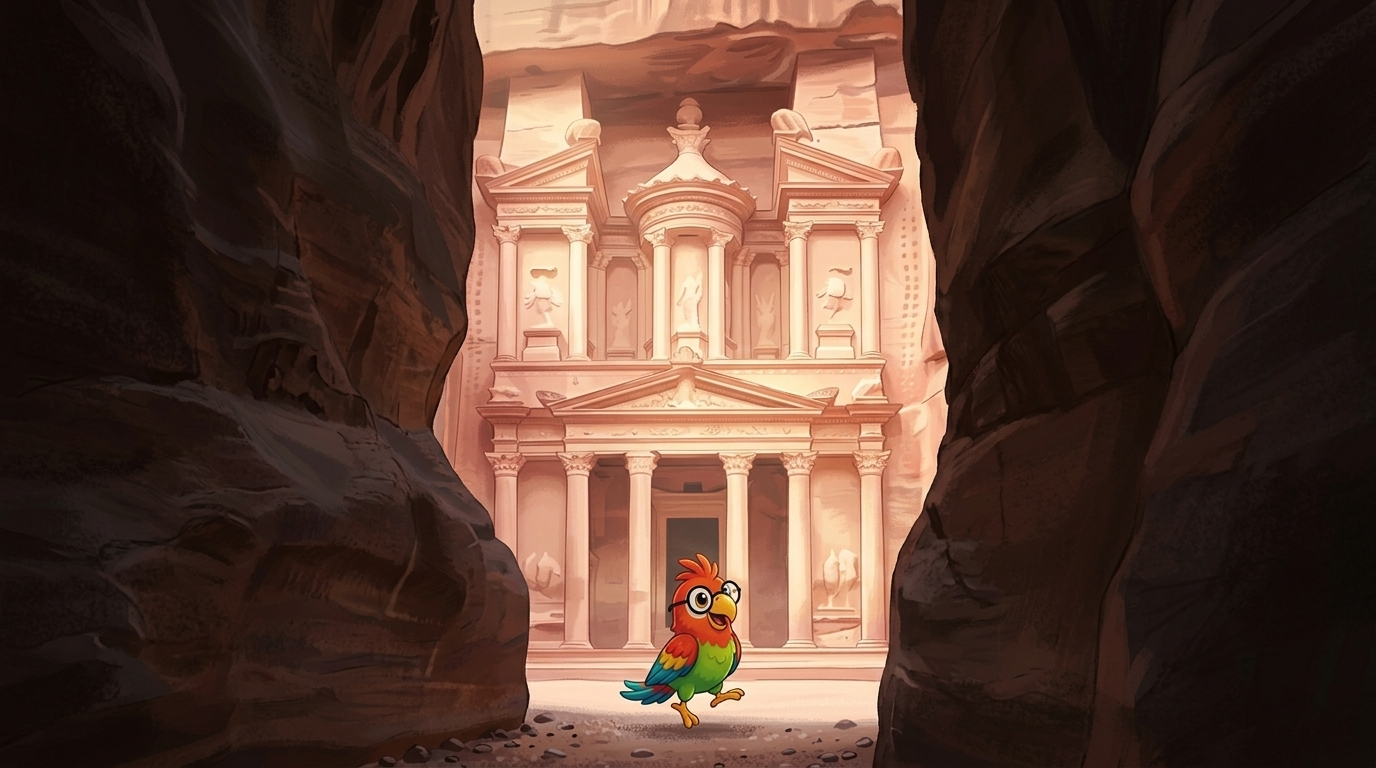 Polly hopped around the bend, and the wall opened. In front of her rose a great temple, carved into the cliff, rose-r...