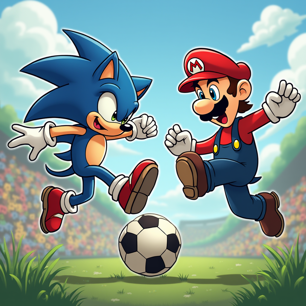 Creative AI Artwork: Sonic vs. Mario Soccer Challenge