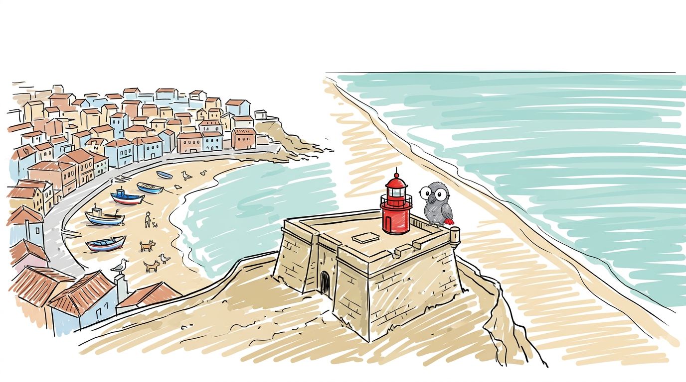 The cliff had sea on two sides. One side had a town and a calm beach with colored boats. The other side had a long em...