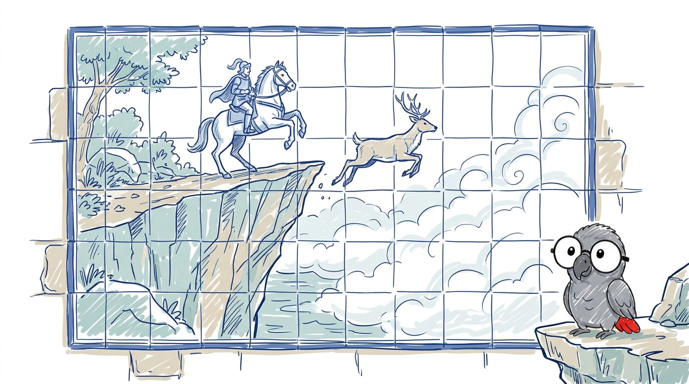 The tiles told an old story. A rider hunted a deer in the fog. The deer jumped into the mist. The ground ended there....