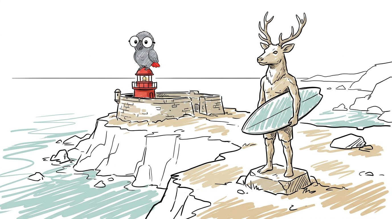 Outside, Polly sat on a statue with a deer head. It held a surfboard. Below, the waves were getting bigger.