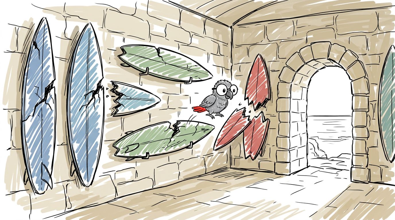 In the old fort there is a special room. Famous surfboards hang on the walls. Every board rode a giant wave here. Som...