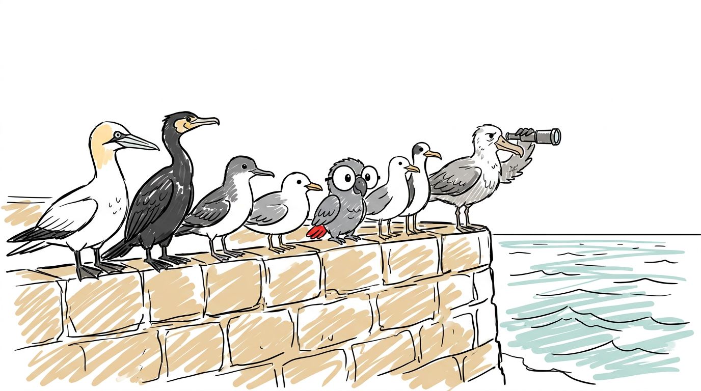 In the afternoon, everyone looked at the sea. Seabirds sat in a row on the wall. The old albatross was there too. The...