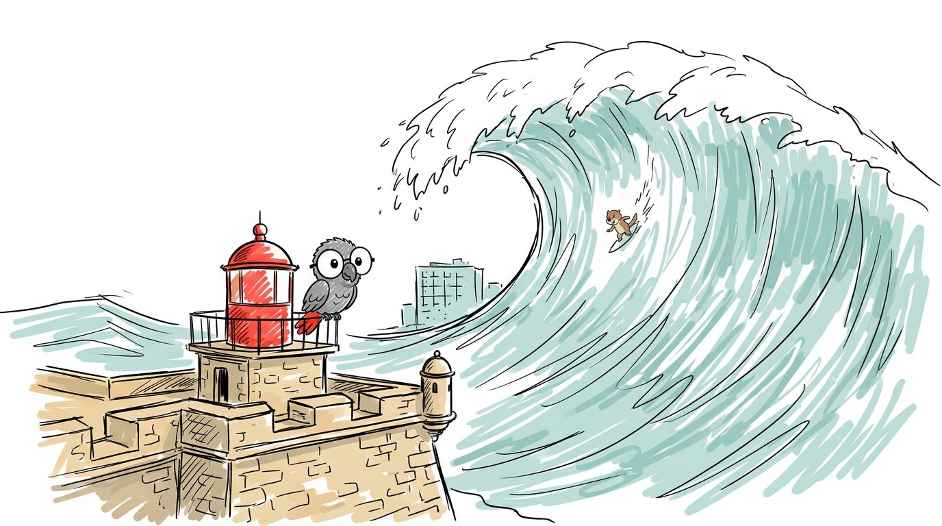 Then the giant came. One wave rose and rose. It was taller than a building. It was a grey mountain with a white top. ...
