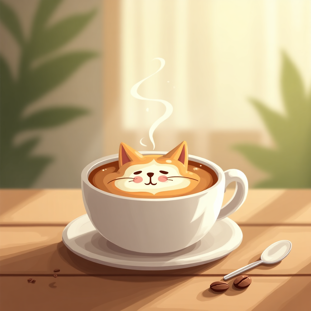 Charming Cat-Shaped Foam Coffee Illustration for Kids