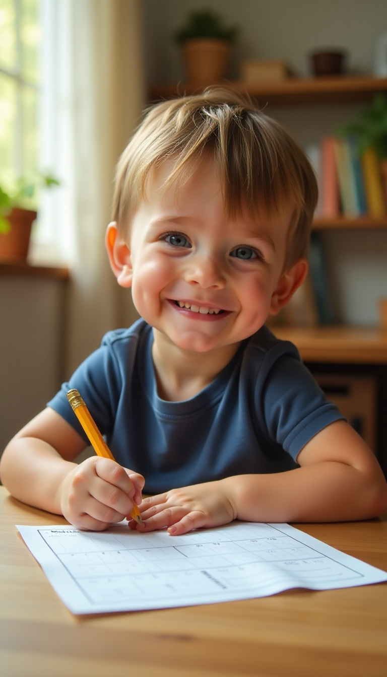 Happy Kid Completing Daily Worksheet with Gold Star Achievement