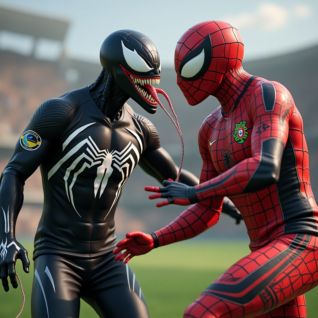 Creative AI Art: Venom and Spider-Man in Soccer Jerseys