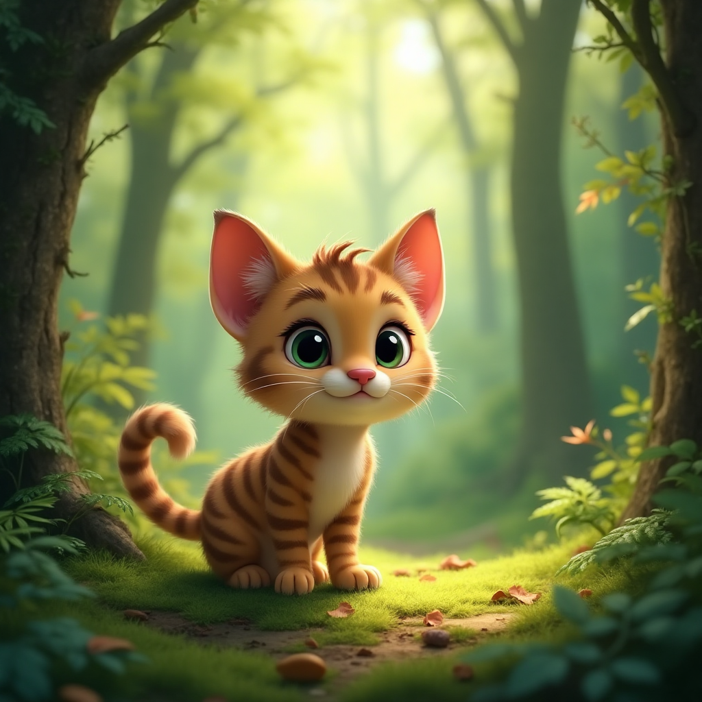 Curious Cat Exploring a Lush Forest - AI Art for Kids