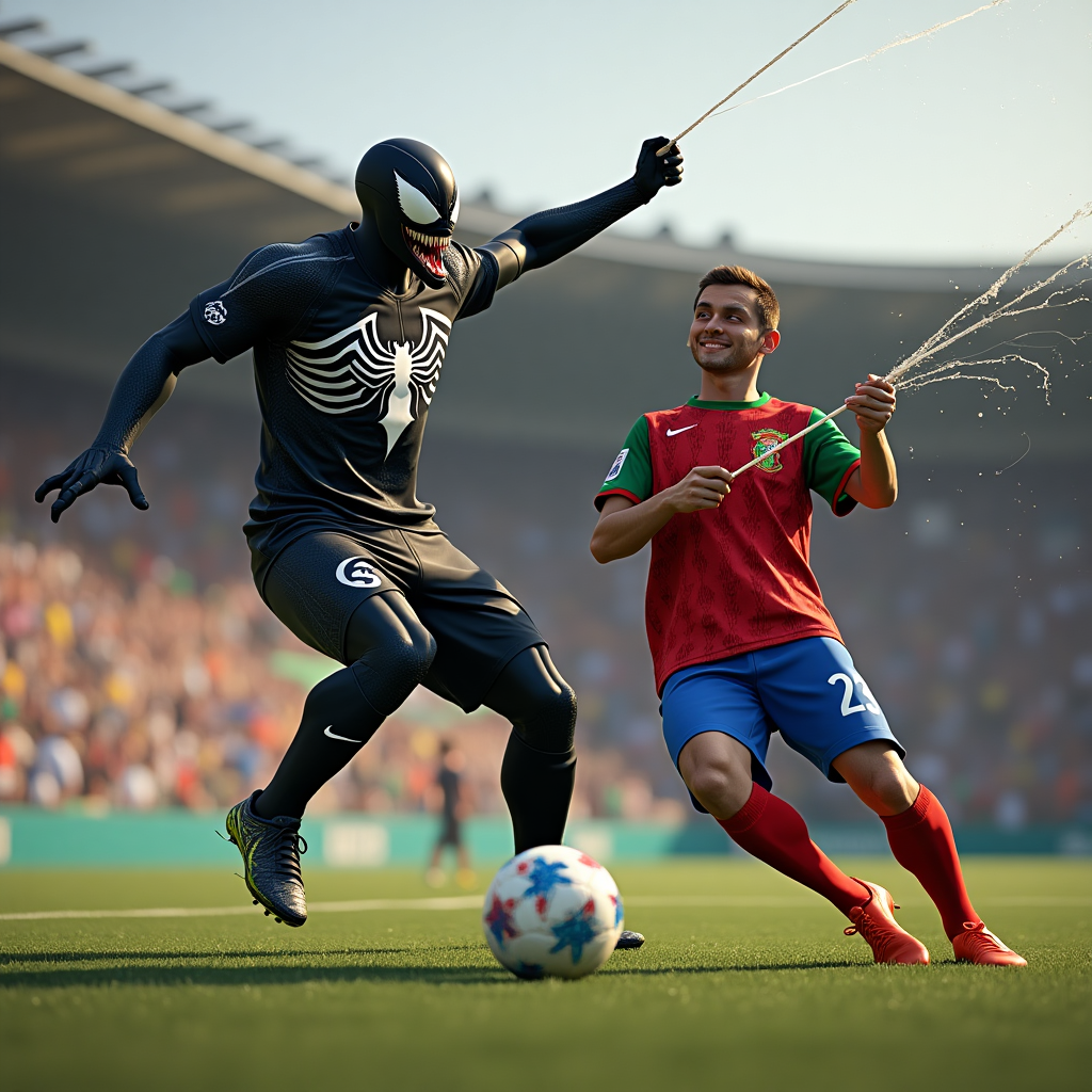 Creative AI Art: Venom and Spider-Man Soccer Showdown