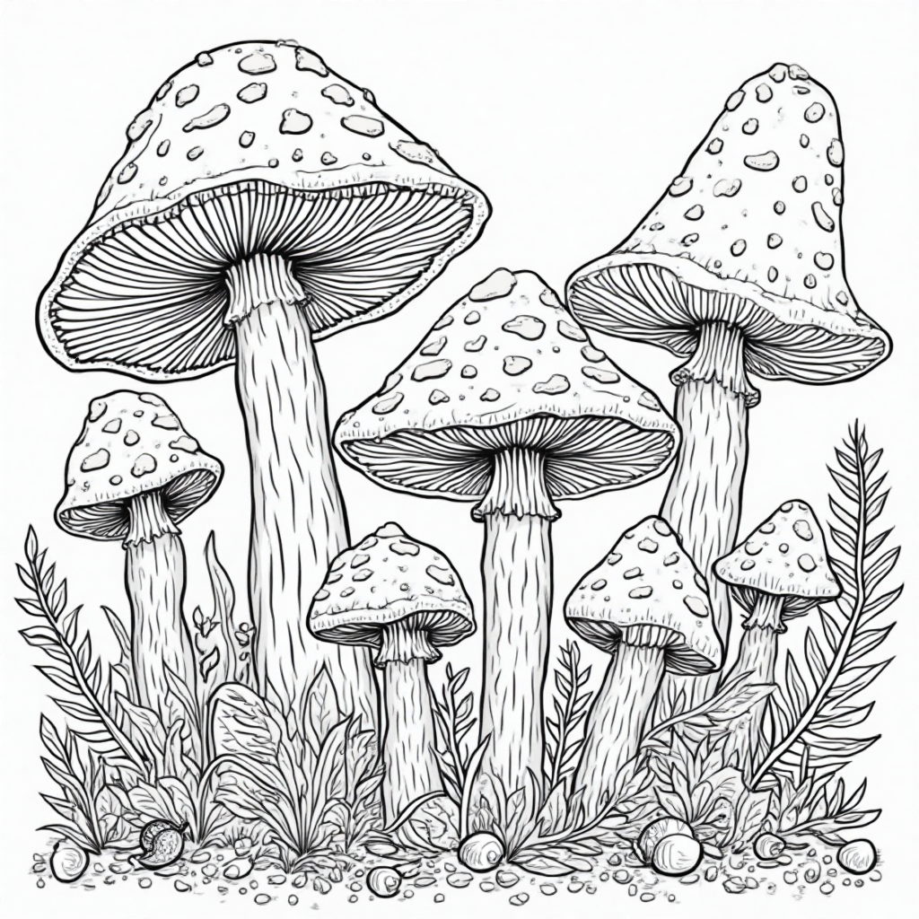 Expert-Level Coloring Page: Magical Forest with 20 Unique Mushrooms