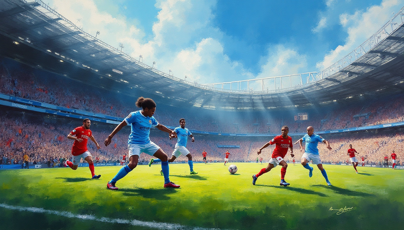 Exciting Soccer Match Oil Painting: Man City vs Man U
