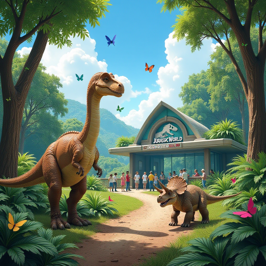Explore a Vibrant Jurassic World Scene with Friendly Dinosaurs